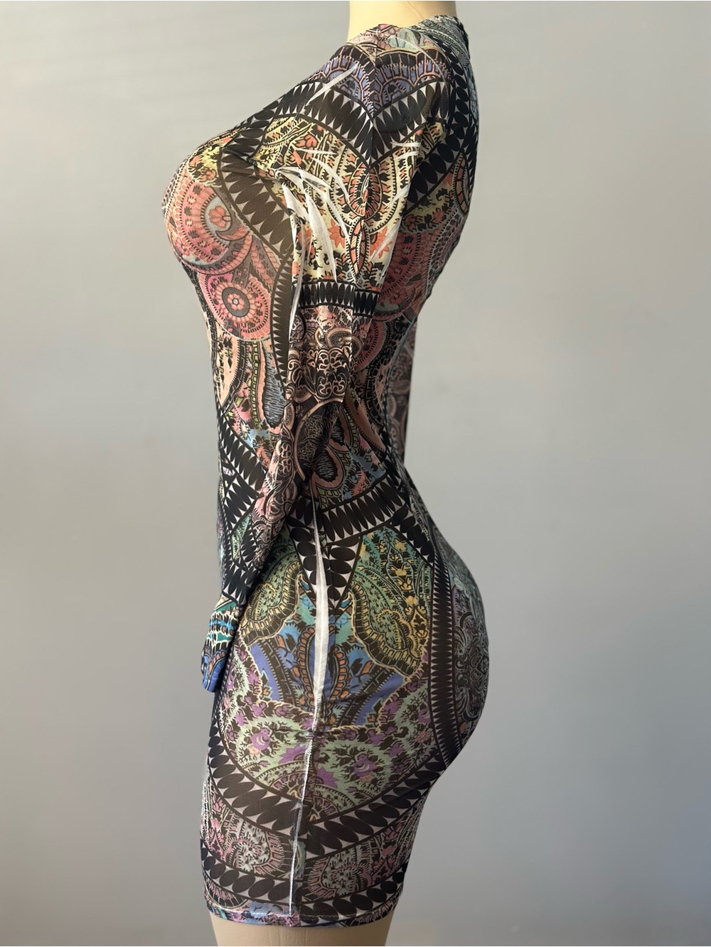 Fashion Nova Multicolor Paisley Print Long-Sleeve Bodycon Dress